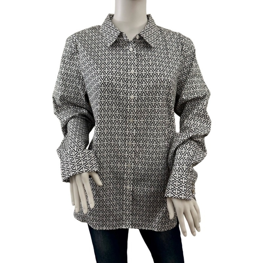 TALBOTS NWT Size‎ 16 Black White Geometric Print Non Iron Button Down Shirt Work